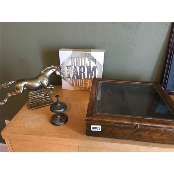 Brass Horse, Bell, Wall Mount Display Case 
