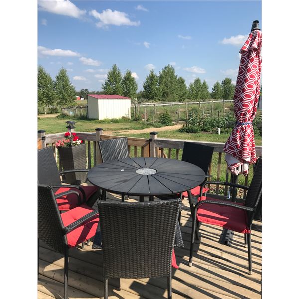 6 Red Upholstered Patio Chairs and Table
