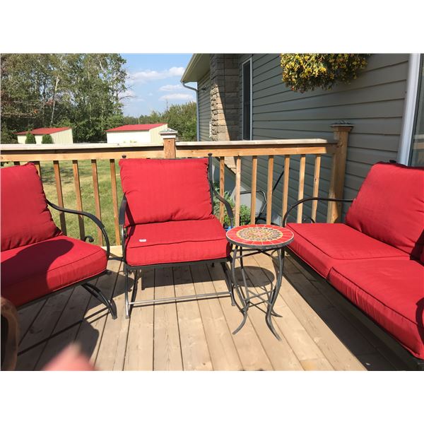 2 Red Upholstered Patio Chairs & Love-seat (includes cushions) & Red Mosaic Side Table