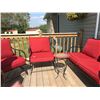 Image 1 : 2 Red Upholstered Patio Chairs & Love-seat (includes cushions) & Red Mosaic Side Table