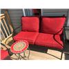 Image 2 : 2 Red Upholstered Patio Chairs & Love-seat (includes cushions) & Red Mosaic Side Table