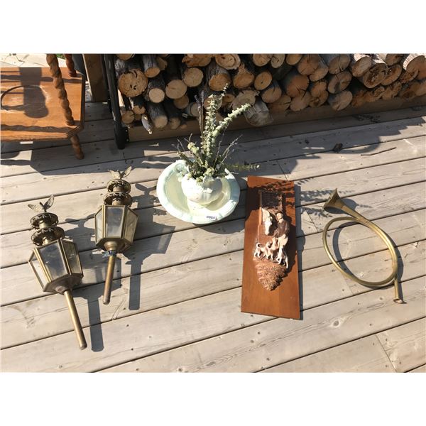 Brass Huntsman Horn, 2 Brass Carriage Lanterns, Horse/Puppy Wall Decor, Basin & Jug