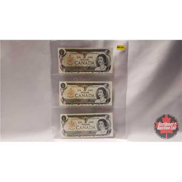 Canada UNC $1 Bills 1973 (3 Sequential) : Crow/Bouey #ECM267096-97-98