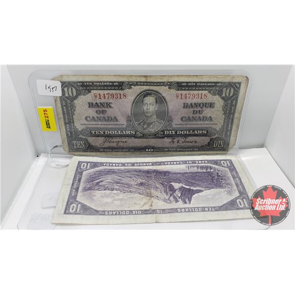 Canada $10 Bills (2) : 1937 & 1954DF (See Pics for Signatures/Serial Numbers)