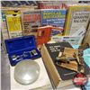 Image 2 : Tray Lot: Sewing Awl, Popular Mechanics Books, Faucet Reseating Tool, National Geographic's, Slide C