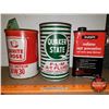 Image 1 : Oil Tin Trio: Quaker State, White Rose (Cardboard), All State Radiator Additive (See Pics!)