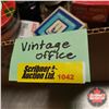 Image 8 : Tray Lot: Vintage Office Theme (Rubber Stamp Carousel, Mini Rolodex, Postage Scale, Clipboard, Stapl