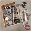 Image 1 : Wooden Box Lot: Assorted Hand Tools, Various Hardware Pieces, Hatchet, Hammer, Tongs, Door Latches, 