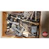 Image 3 : Wooden Box Lot: Assorted Hand Tools, Various Hardware Pieces, Hatchet, Hammer, Tongs, Door Latches, 