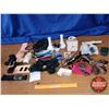 Image 1 : Tray Lot - Ladies Vanity Items (Scarves, Broach, Combs, Vases, Pink Alarm Clock, etc)