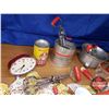 Image 2 : Box Lot - Red Vintage Kitchen : Sauce Pan, Beaters, Flour Sifter, Enamel Pourer, Watkins Baking Powd