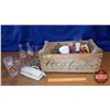 Image 1 : Coca-Cola Crate w/Coca-Cola Cups, Glasses, Tins, etc (See Pics!) (8-1/2"H x 19-1/2"W x 12"D)