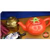 Image 2 : Tray Lot: Tomato Ware Teapot, Gloves, Lipton Tea Caddy, etc (See Pics!)