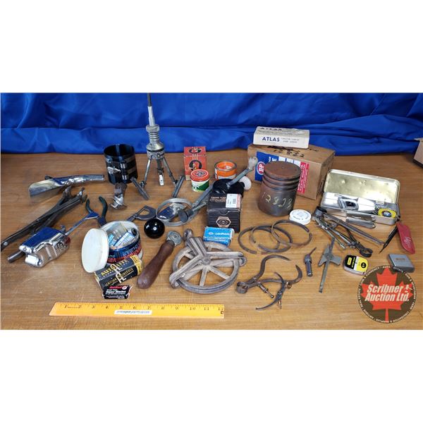 Tray Lot - Shop Tools & Supplies : Cylinder Hone, Piston Ring Compressor, Machine Screws, Fuses, Val