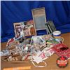 Image 1 : Box Lot: Laundry/Sewing Room Items (Clothes Pins, Washboard, Rudyard Kipling Books, Knitting Books, 