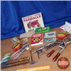 Image 1 : Tray Lot - Farm/Ranch Theme: Ear Tags, Vet Tools, Livestock Book, Farmall Tin Sign (See Pics!)