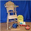 Image 1 : Wooden High Chair w/Toy Record Player, Toy Accordion, Toy Saxophone, Cheerios Back Pack