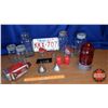 Image 1 : Box Lot: Red Light Shade, Vintage Canning Jars, Vintage Red Flashlight, Lic Plate, etc (See Pics!)