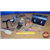 Image 1 : Lunch Box of Tools: Mini Grinding Wheel, Gauge, Specialty Tools, Brass Plumb Bob, Stearns Hollow Aug