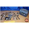 Image 1 : Plastic Lunch Box w/Tools (Palm Sander, Small Vintage Grease Gun, Wrenches, Hammer, Tubing Expander,