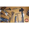 Image 2 : Plastic Lunch Box w/Tools (Palm Sander, Small Vintage Grease Gun, Wrenches, Hammer, Tubing Expander,