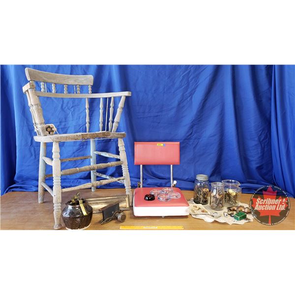 Restoration Combo: Wooden Chair, Tray of Knobs, Mail Slot, Hooks, Hinges, Brass Fittings, etc (See P