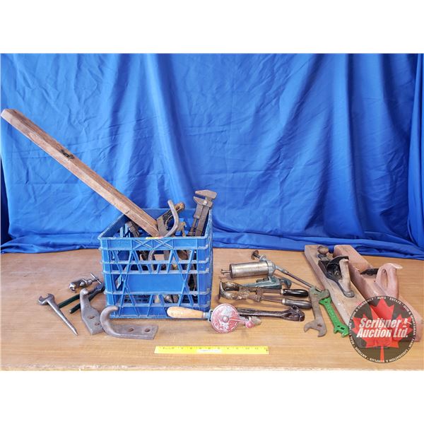 Milk Crate of Tools (Adjustable Wrench, Grease Gun, Saw, etc) c/w 3' Wood Level, 2 Large Wood Planes