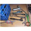 Image 3 : Milk Crate of Tools (Adjustable Wrench, Grease Gun, Saw, etc) c/w 3' Wood Level, 2 Large Wood Planes