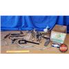 Image 1 : Wood Apple Box w/Tools (Adjustable Wrenches (2), Planes, Hammers, Square Nails, The Springfield Tire
