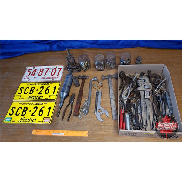 Tray Lot: Vintage Tools (Grease Gun, Wrenches, Pliers, Jars of Brass Fittings, Lic Plates, Ball Peen