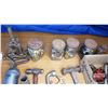 Image 3 : Tray Lot: Vintage Tools (Grease Gun, Wrenches, Pliers, Jars of Brass Fittings, Lic Plates, Ball Peen