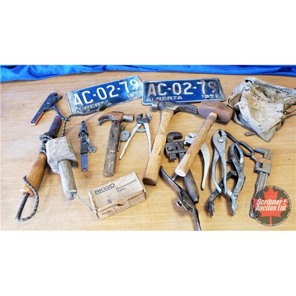 Tray Lot - Tools (Pipe Threader Dies, Hammers, Valve Keeper Spring Tool, Pliers, Lic Plates, etc) (S