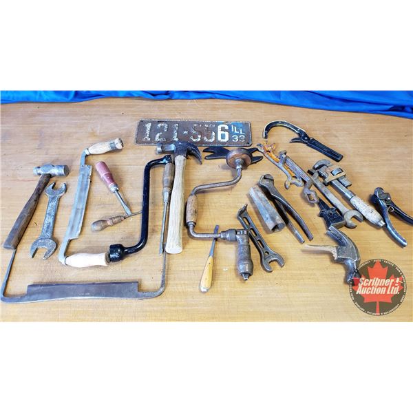 Tray Lot - Tools (Draw Knives, Wrenches, Hammer, Screw Drivers, 1933 Illinois Lic Plate, etc)