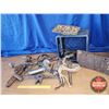 Image 1 : Milk Crate Lot: Prospector Pick, Pipe Wrench, Hammer, Brace, Mini Block & Tackle, etc