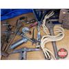 Image 2 : Milk Crate Lot: Prospector Pick, Pipe Wrench, Hammer, Brace, Mini Block & Tackle, etc