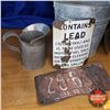 Image 3 : Gas Cans (2), Oil Spout, Lic Plates, Enamel Gas Pump Sign, 1 Quart Jug