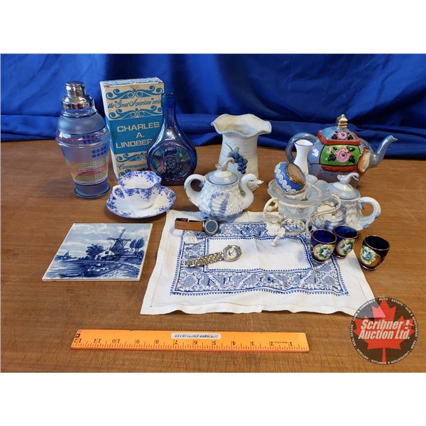 Box Lot - Blue Theme (Tea Pots, Vase, Tea Cup/Saucer, Cocktail Shaker, Watches, etc) (See Pics)