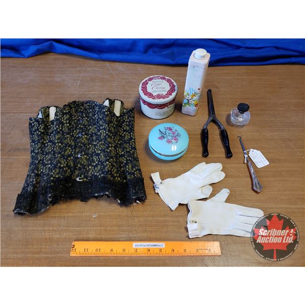 Tray Lot - Lady Theme (Corset, Talc, Cold Cream, Gloves, Boot String Hook, etc) See Pics