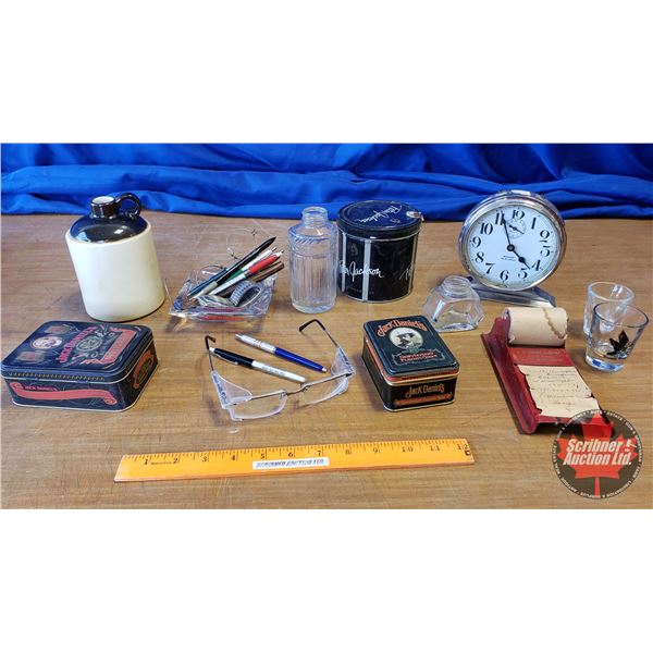 Tray Lot - Den Theme (Tobacco Tin, Crock Jug, Jack Daniel's Playing Cards, Shot Glasses, Clock, Ink