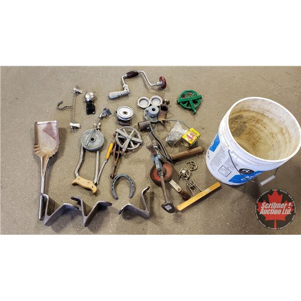 Pail Lot of Tools, Hacksaw, Brace, Clipper, Drill, Pullies, Tractor Lugs, etc (See Pics)