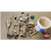 Image 1 : Pail Lot of Tools, Hacksaw, Brace, Clipper, Drill, Pullies, Tractor Lugs, etc (See Pics)