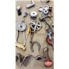 Image 3 : Pail Lot of Tools, Hacksaw, Brace, Clipper, Drill, Pullies, Tractor Lugs, etc (See Pics)