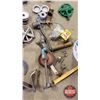 Image 4 : Pail Lot of Tools, Hacksaw, Brace, Clipper, Drill, Pullies, Tractor Lugs, etc (See Pics)