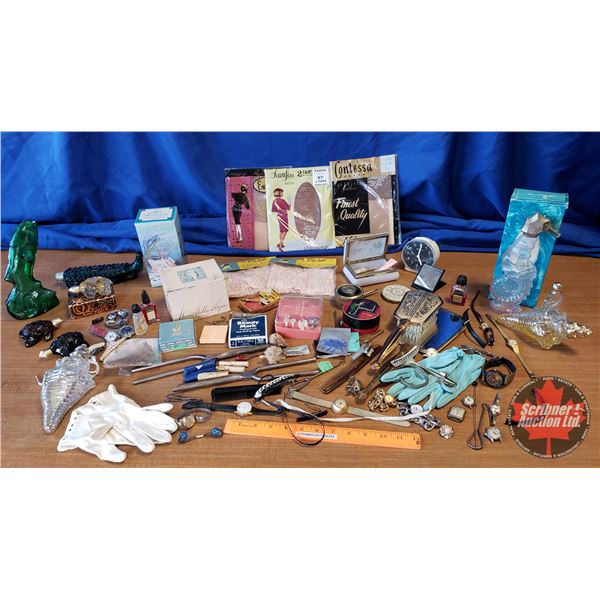 Tray Lot - Ladies & Avon (Powder Bellow, Antique Curling Iron, Brush, Hair Bandos, Gloves, Watches,