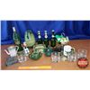 Image 1 : Tray Lot - Green Theme: Old Vase, Teapot, Scale, Salt & Pepper Shakers, Coffee Mug, Tie Tin, etc (Se