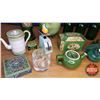 Image 4 : Tray Lot - Green Theme: Old Vase, Teapot, Scale, Salt & Pepper Shakers, Coffee Mug, Tie Tin, etc (Se