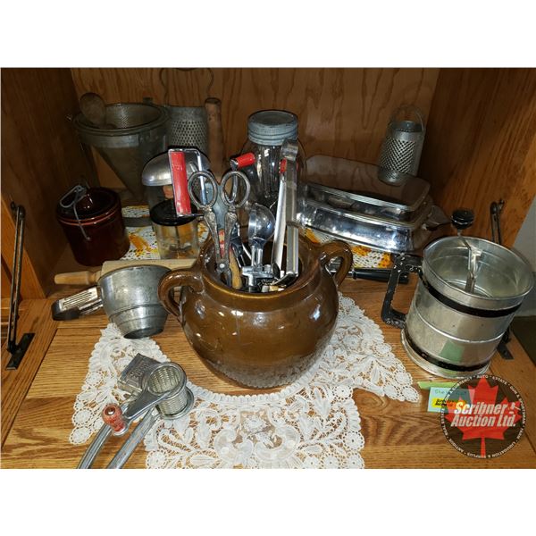 Vintage Kitchen : Bean Pot (no Lid); Flour Sifters, Graters, Jar, Utensils, Rolling Pin, etc (See Pi