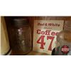 Image 2 : Coffee Tins (6) & Nabob Jars (2) & Vintage Red & White Price Advertising (See Pics)