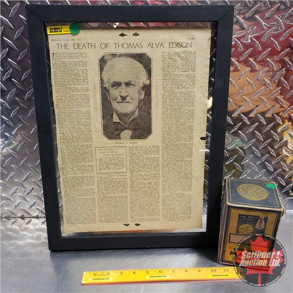 Double Sided Framed Family Herald / Weekly Star Newspaper Article "The Death of Thomas Alva Edison" 