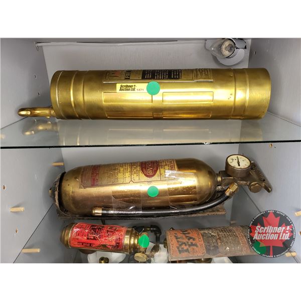 Brass Fire Extinguishers (3) w/one Extra Label Plate (See Pics)